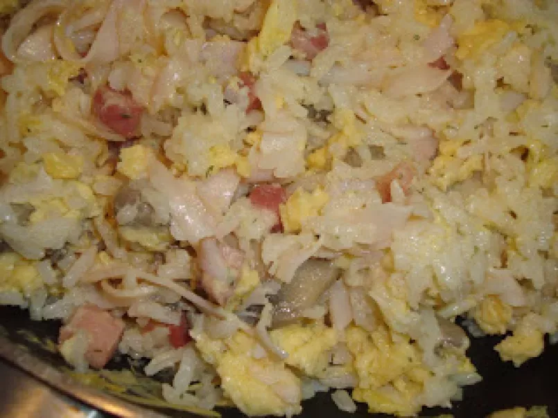 Arroz de ovo com bacon, fiambre e cogumelos - foto 2