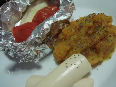 Cartoccio de peixe com purê de legumes