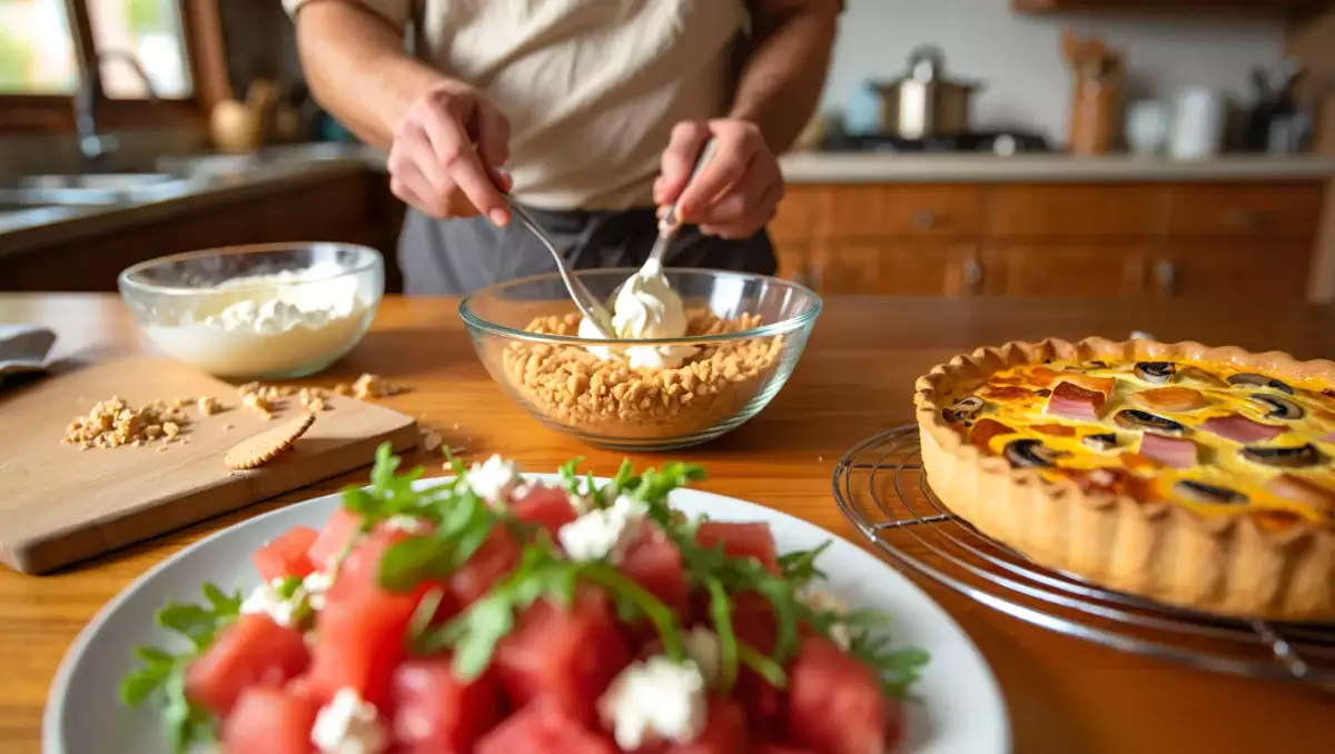 Menu do dia, 9 de julho de 2026: sanduíche de melancia com feta, quiche de queijo, fiambre, cogumelos e semifrio de bolacha