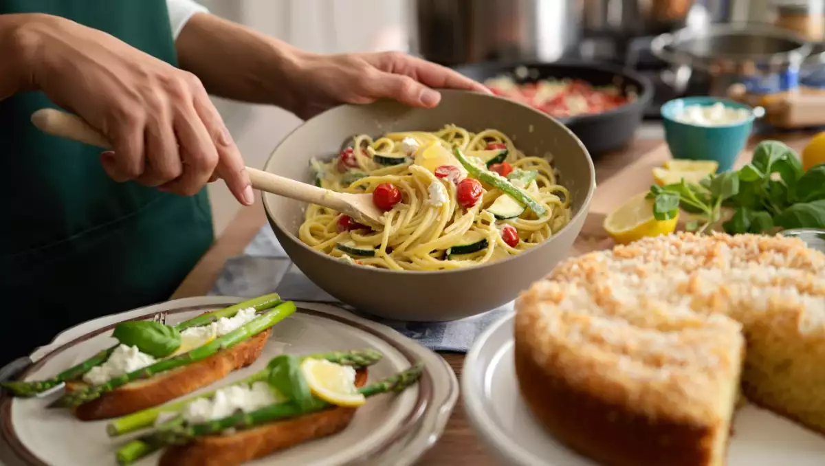 Menu diário, 16 de julho: bruschettas de aspargos, macarrão cremoso e torta de coco