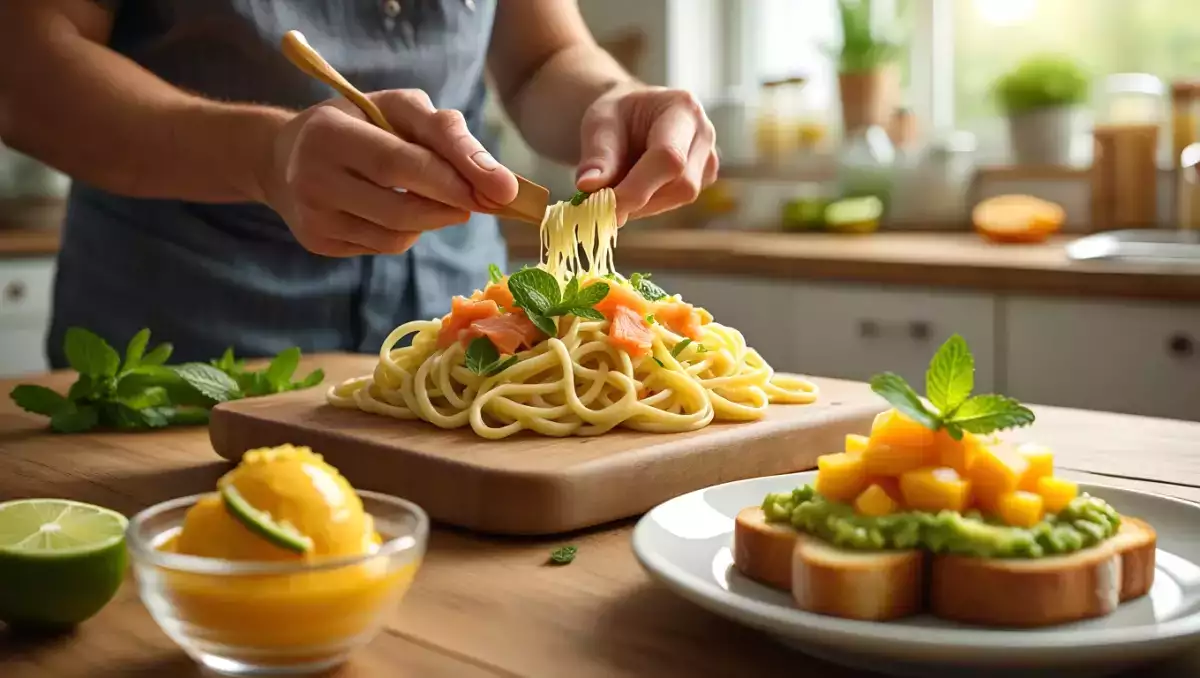 Menu diário, 21 de julho: torrada de abacate com manga, macarrão cremoso de salmão e sorvete refrescante