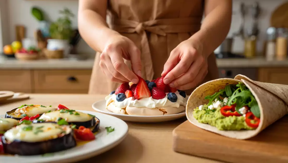 Menu diário, 27 de agosto: beringelas recheadas, wrap mediterrâneo e pavlova com frutos vermelhos
