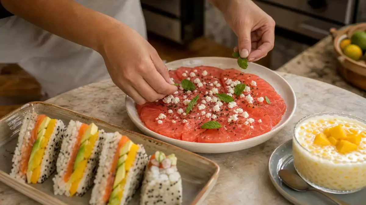 Menu diário, 1 de setembro: frescor e sabor com carpaccio de melancia, sanduíche de sushi e sagu de manga