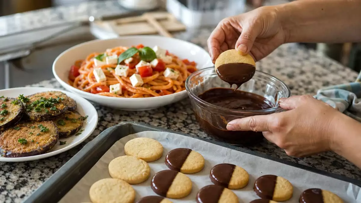 Menu diário, 8 de setembro: beringela panada, esparguete frio com gaspacho e feta, bolachas de manteiga