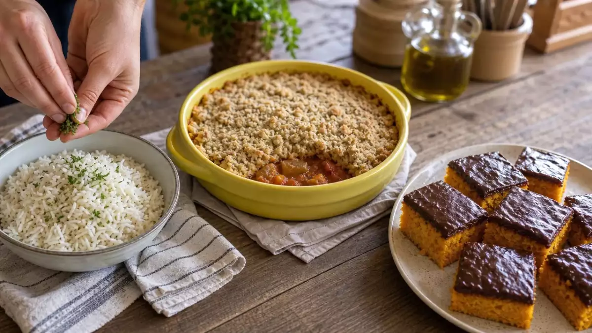 Menu do dia, 29 de setembro: arroz branco soltinho, crumble salgado de legumes e bolo de cenoura