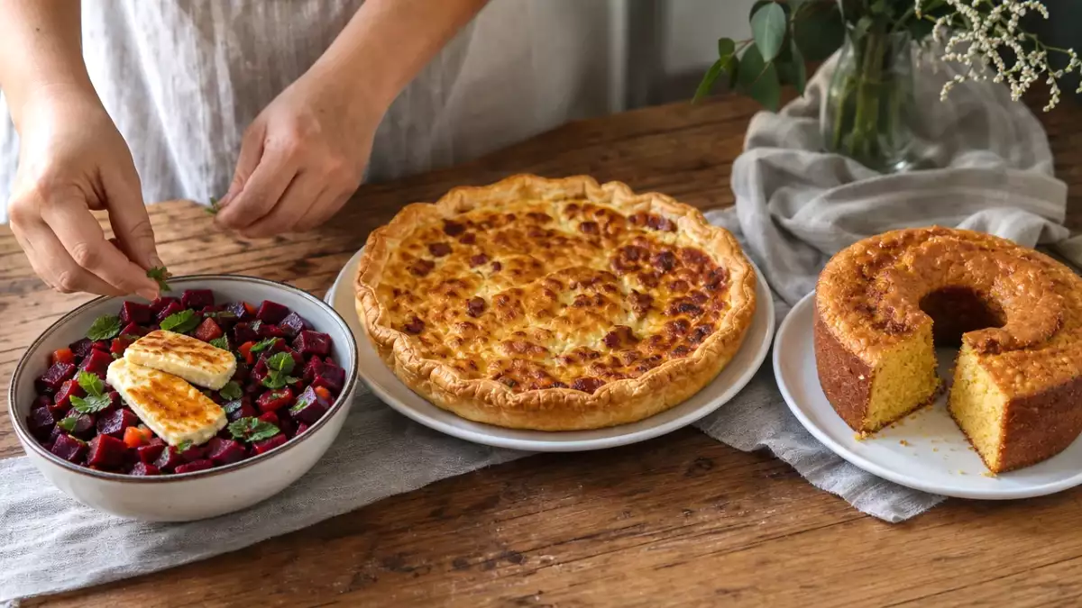 Menu diário, 1 de outubro: salada de beterraba com halloumi grelhado, quiche lorraine e bolo de fubá