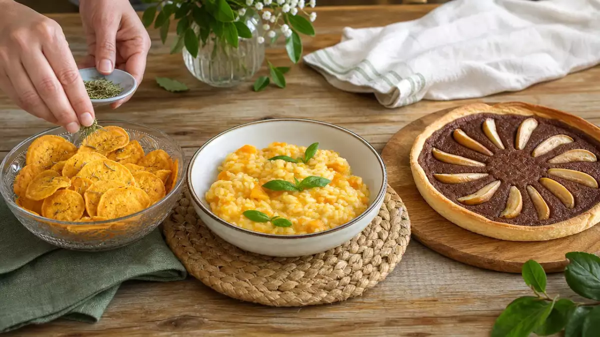 Menu diário, 4 de outubro: uma explosão de sabores com chips de batata doce, risoto de abóbora e tarte de chocolate e pera