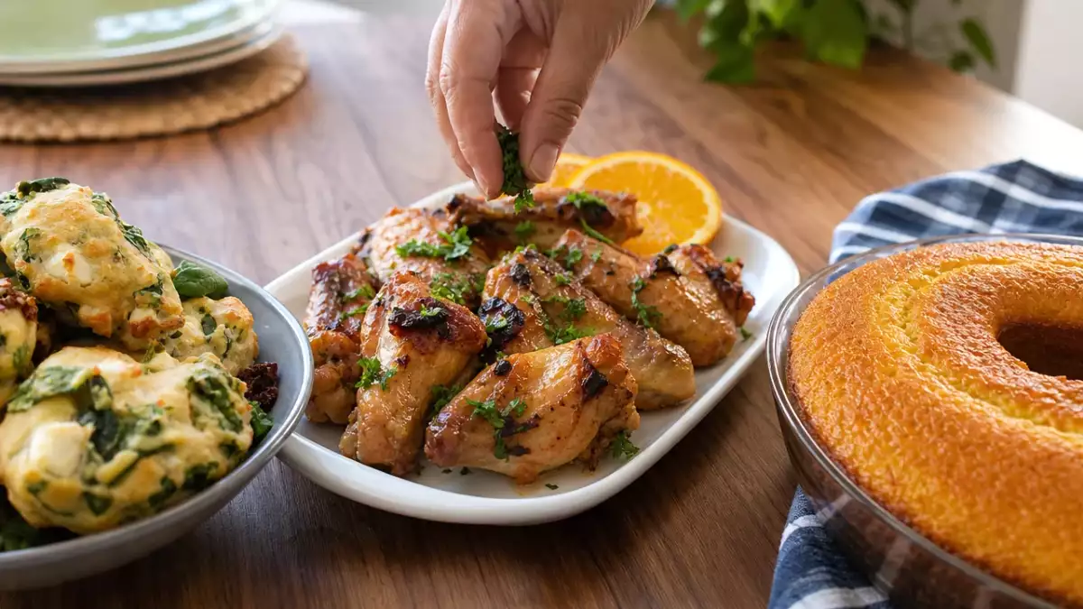 Menu diário, 8 de outubro: bolinhos de feta, asas com molho de laranja e bolo da avó