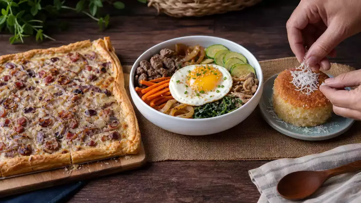 Menu do dia, 17 de outubro: torta alemã de cebola, bibimbap coreano e bolo pudim de coco