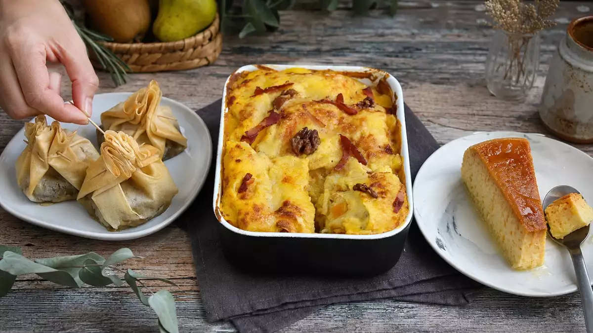 Menu do dia, 25 de outubro: trouxinhas de pera e brie, lasanha de abóbora e pudim rápido