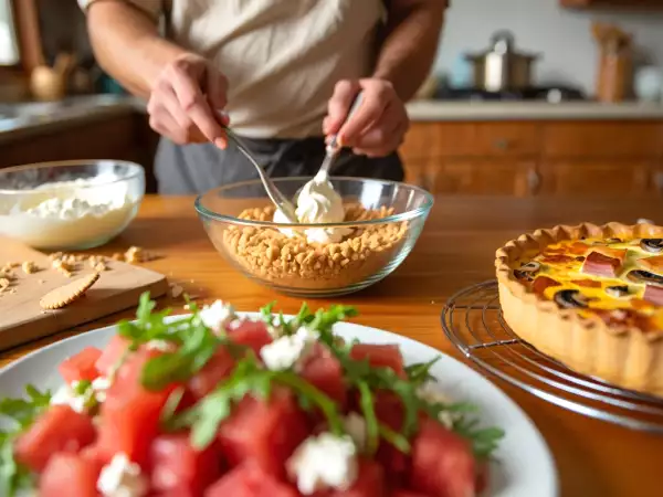 Menu do dia, 9 de julho de 2026: sanduíche de melancia com feta, quiche de queijo, fiambre, cogumelos e semifrio de bolacha