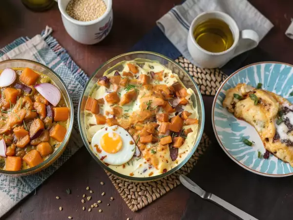 Menu diário, 10 de setembro: batata doce gratinada, ovos fritos com mel e bolo mármore