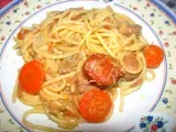 Receita Esparguete com salsichas, cenoura, chouriço e restos de carne assada