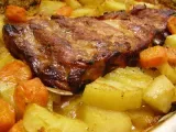 Receita Entrecosto assado no forno com batatas e cenoura regado com sumo de laranja