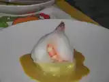 Receita Lombinhos de pescada com molho de caril e espuma de coco.