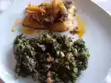 Receita Bacalhau assado com migas de feijão frade com couve e broa