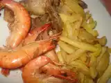 Receita Frango no forno com gambas, acompanhado de batata frita...
