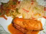 Receita Bifinhos porco enrrolados com fiambre acompanhado com arroz de pimentos