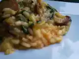 Receita Peixe nevado e risoto de linguiça, tomate e rúcula