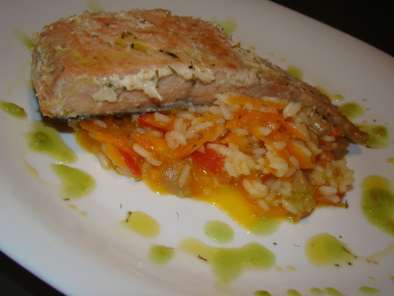 Receita Lombos de salmão com arroz de legumes e cogumelos