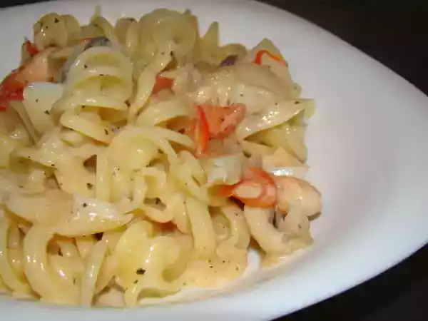 Receita Massada de bacalhau, camarões, pimento e bechámel