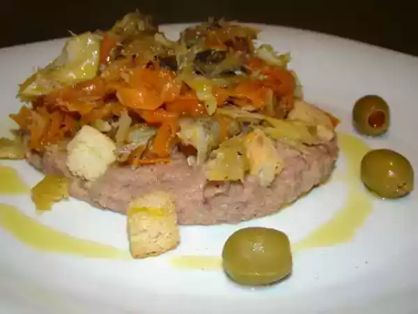 Receita Puré de feijão frade com mistura de bacalhau, cenouras e cogumelos