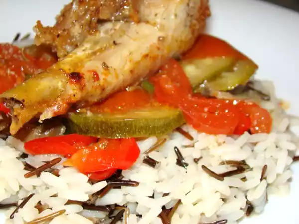 Receita Assado de legumes e de frango com arroz selvagem
