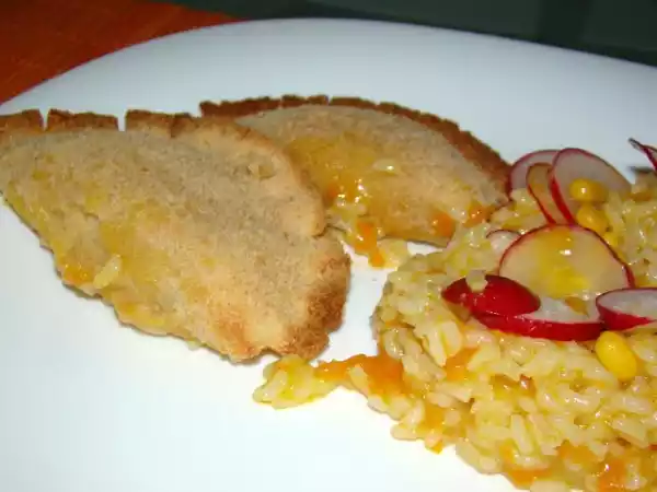 Receita Rissóis de camarão (oferta ) com arroz de cenoura e salada de milho com rabanetes