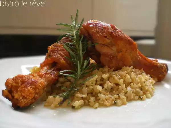Receita Frango confit e arroz integral ao pesto de manjericão.
