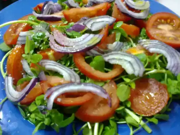 Receita Salada de agrião com tomate e cebola roxa