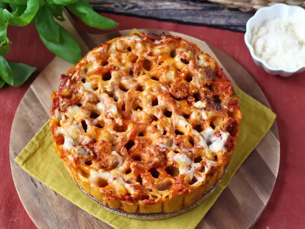 Receita Massa gratinada com linguiça e bechamel cremoso (timballo de rigatoni)