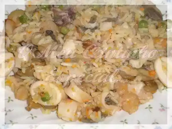 Receita Arroz de lulas e camarões com cogumelos