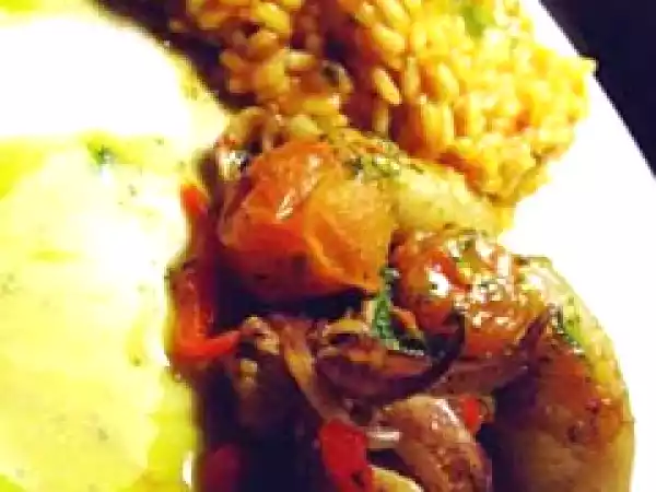 Receita Lulas grelhadas, tomate cereja confitado e pimento assados com rissoto de tomate