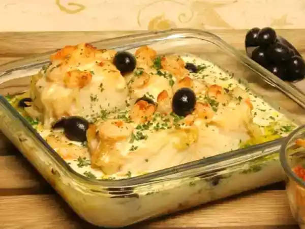 Receita Bacalhau gratinado com camarão