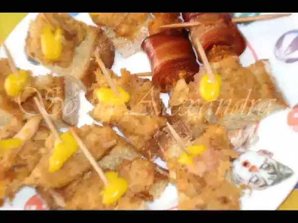 Receita Alheira gratinada em pedaços de pão de milho com pingo de mostarda...