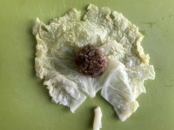 Rolinhos de couve-lombarda recheados com arroz e cogumelos - Preparação Passo 6