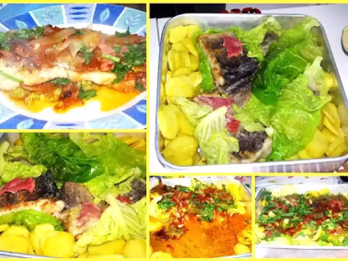 Bacalhau com cebolada e presunto enrolado em Couve Lombarda
