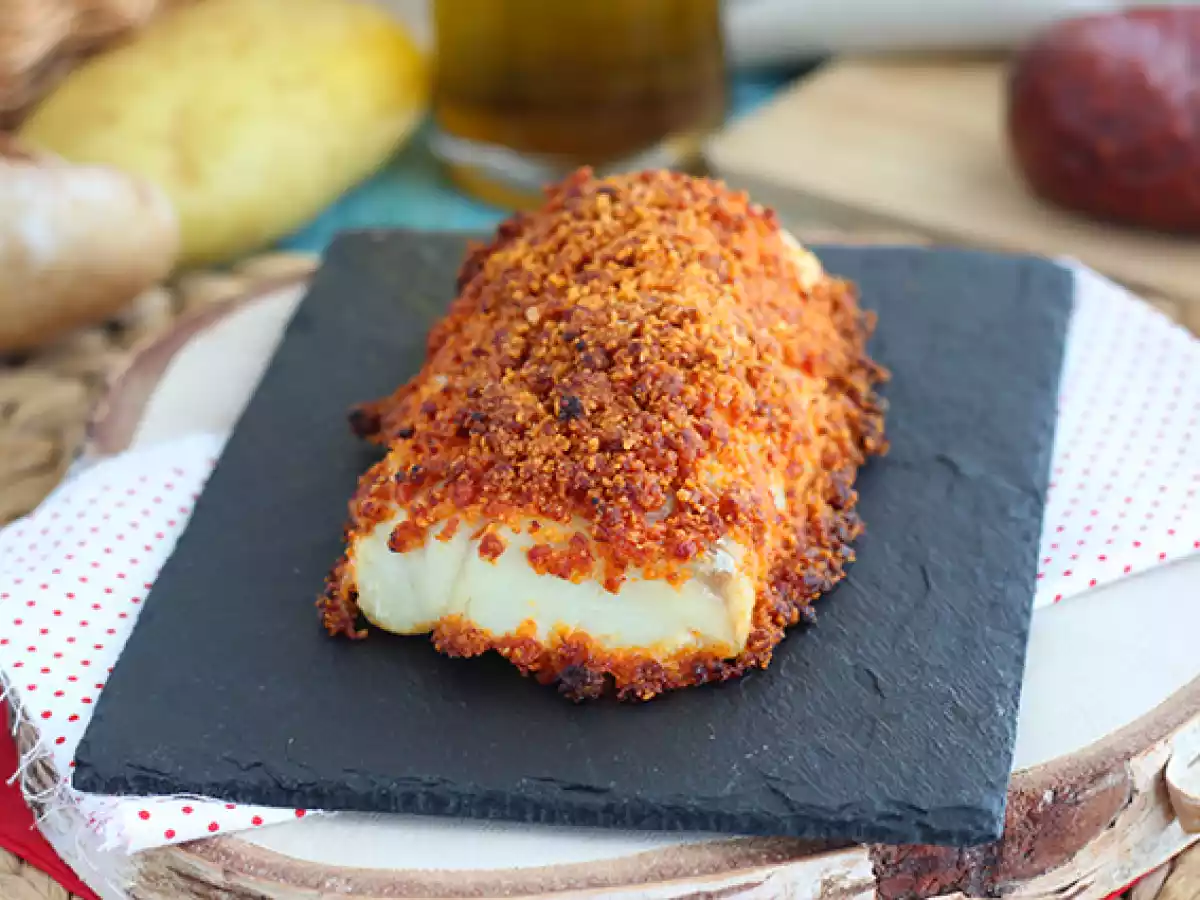Bacalhau com crosta de parmesão, chouriço e pão ralado