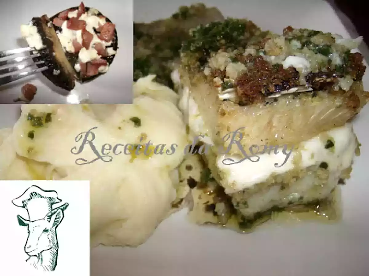 Bacalhau recheado com Queijo Palhais e entrada de cogumelos recheados