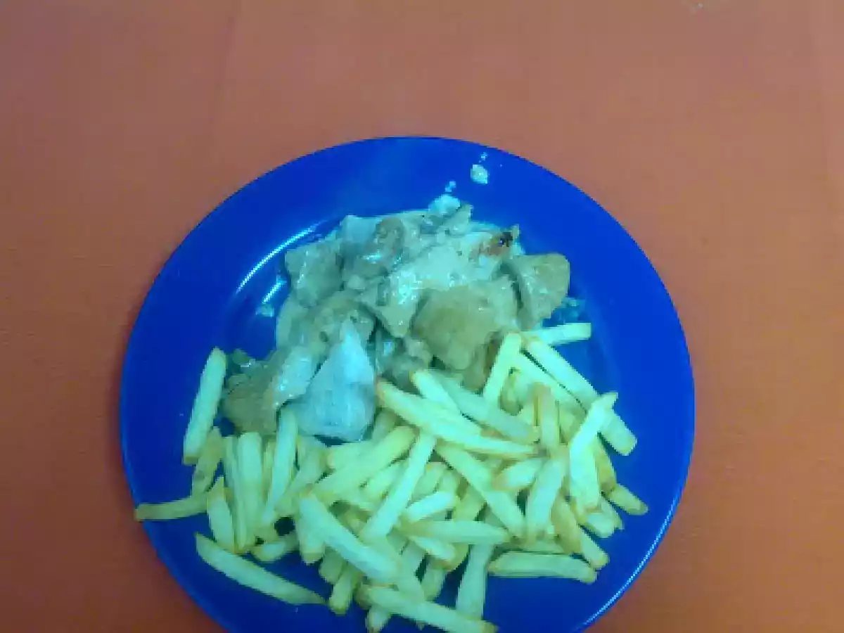 BIFINHOS DE PERU COM NATAS E COGUMELOS ACOMPANHADOS COM BATATAS FRITAS NA ACTIFRY