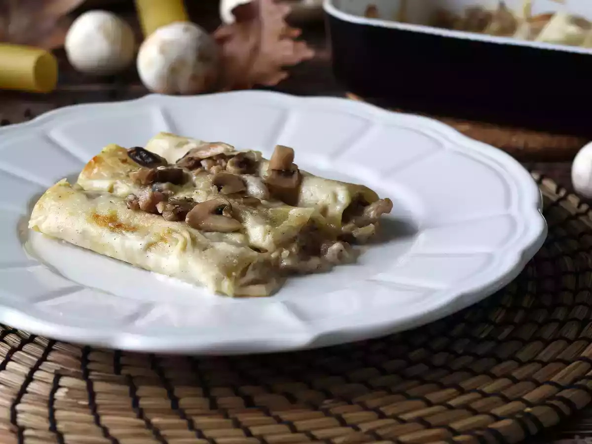 Canelone recheado com molho bechamel, cogumelos e linguiça