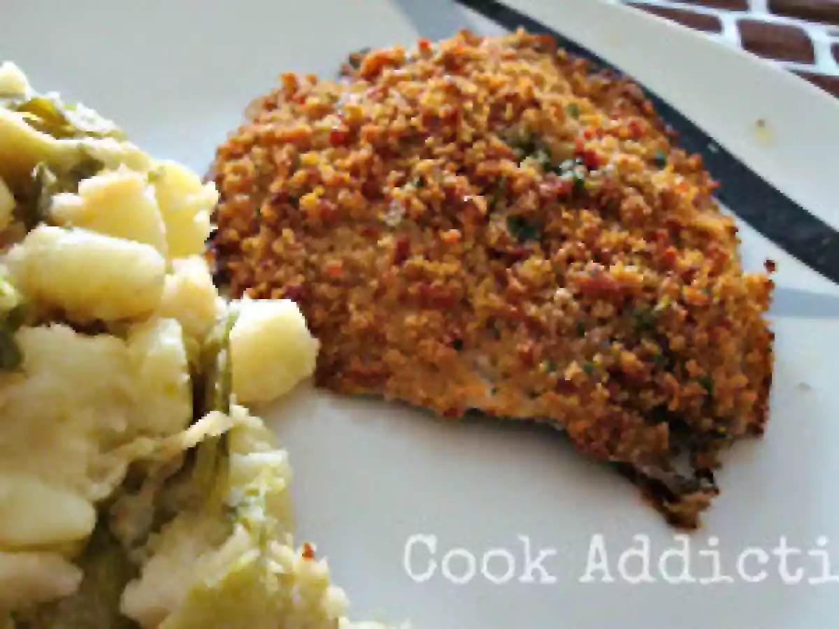 Carapau com broa e migada de batata com couve de bruxelas