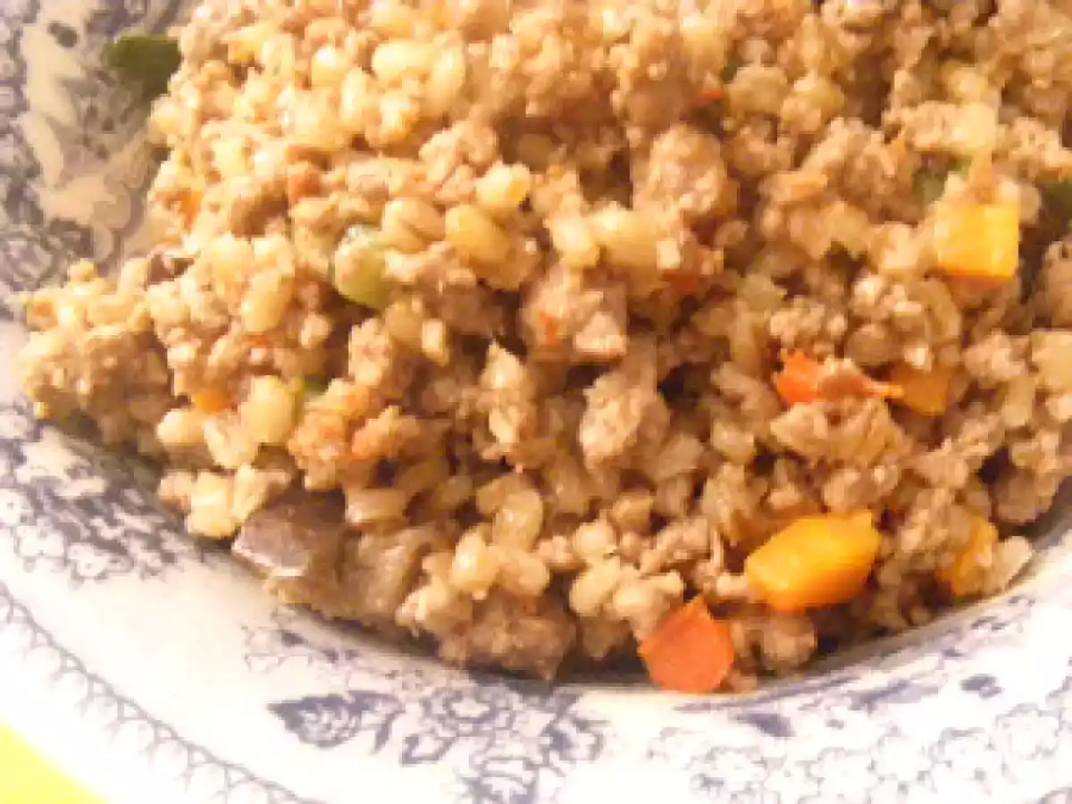 Carne picada com cevada e legumes