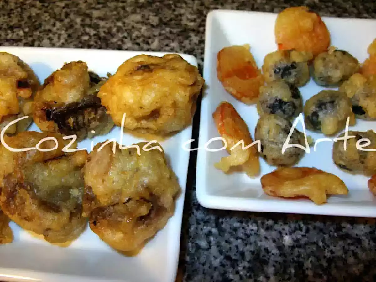 Cogumelos, azeitonas e cenouras fritas