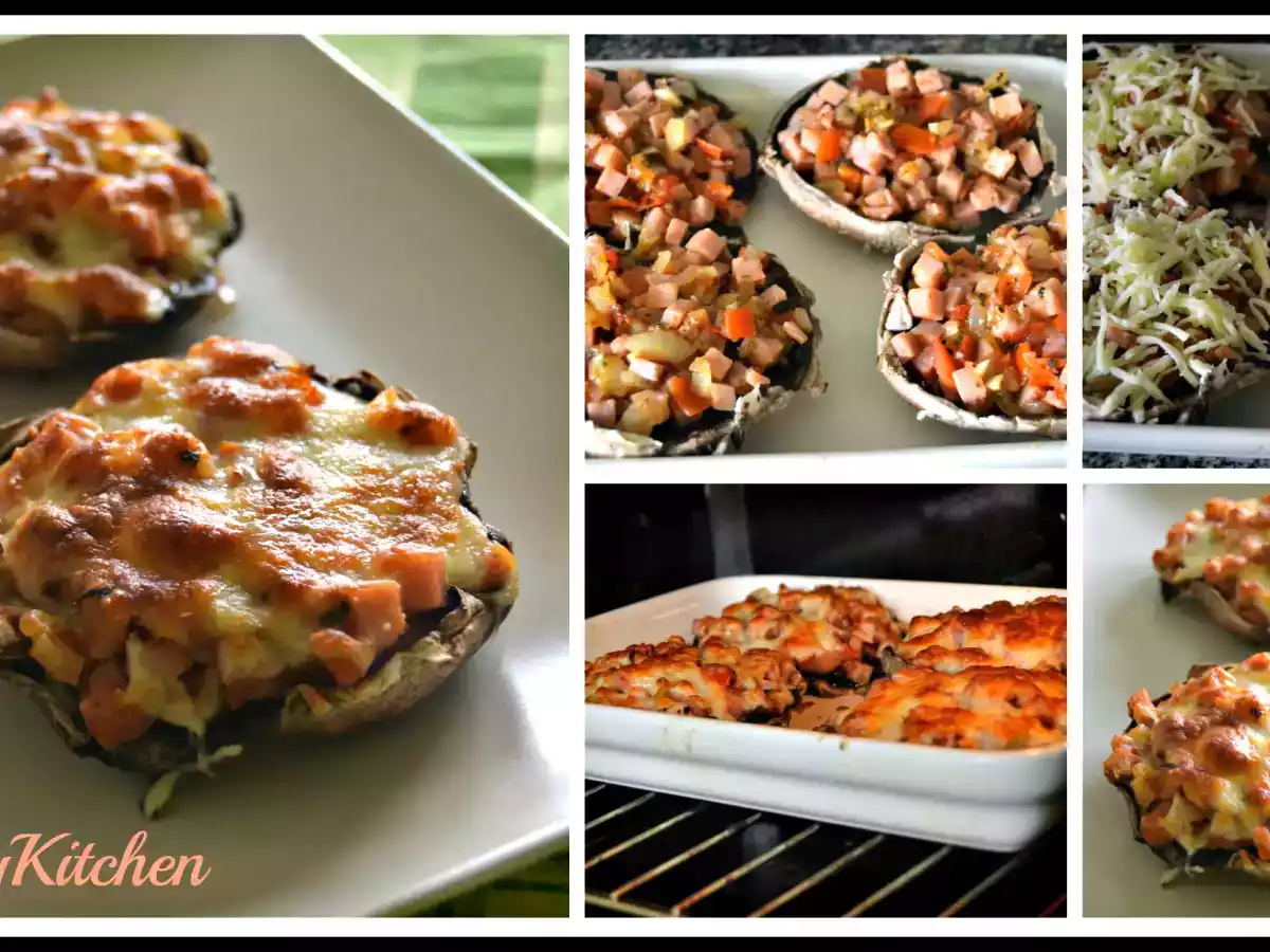 Cogumelos Portobello com fiambre, tomate e mozzarella