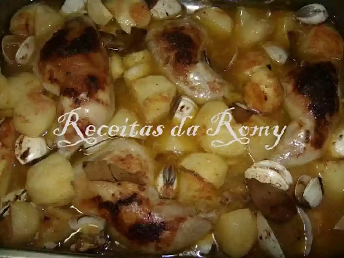 Coxas de frango no forno com batata e ameijoa