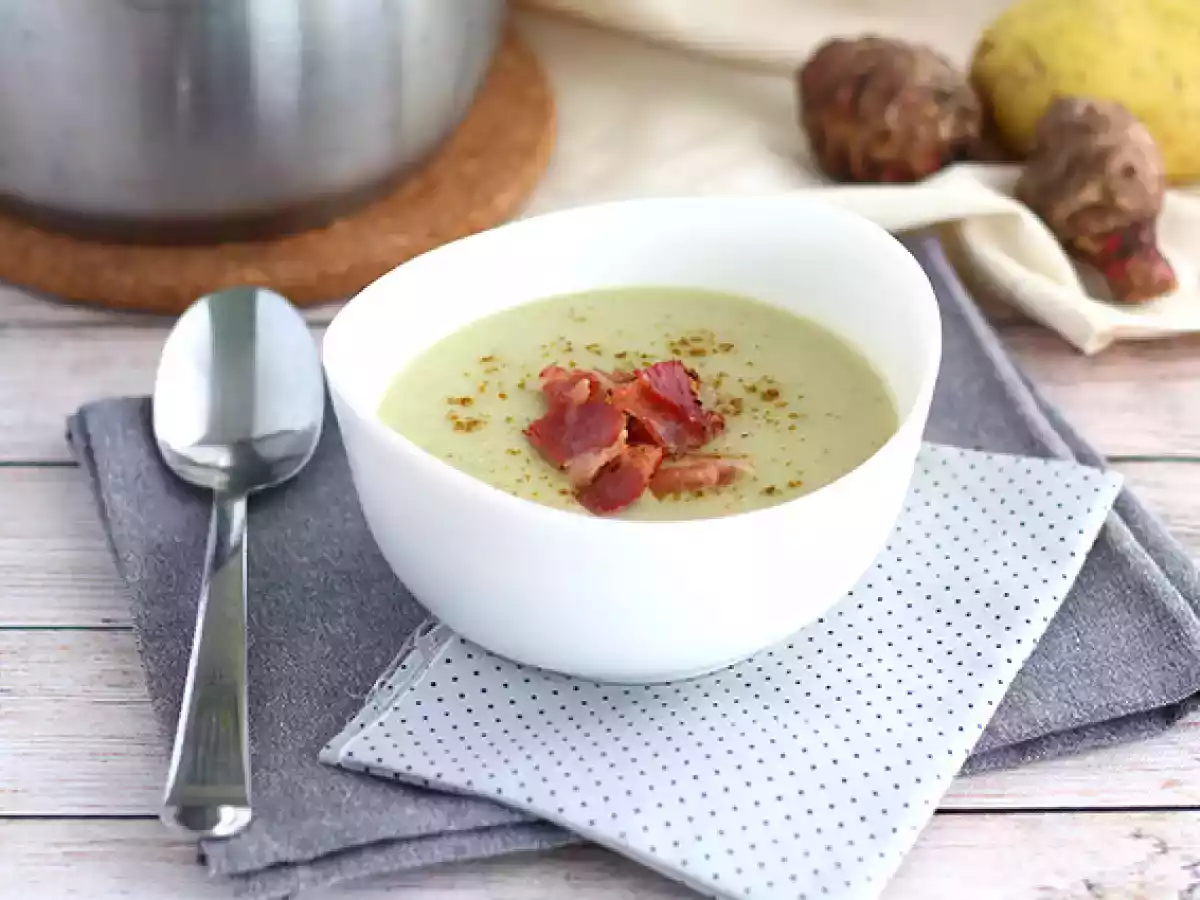 Creme de topinambo, batata e bacon