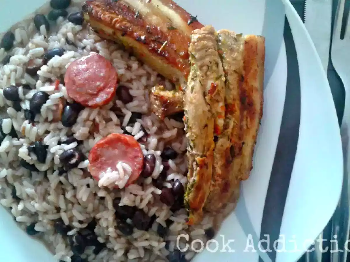 Entremeada grelhada com arroz de feijão preto