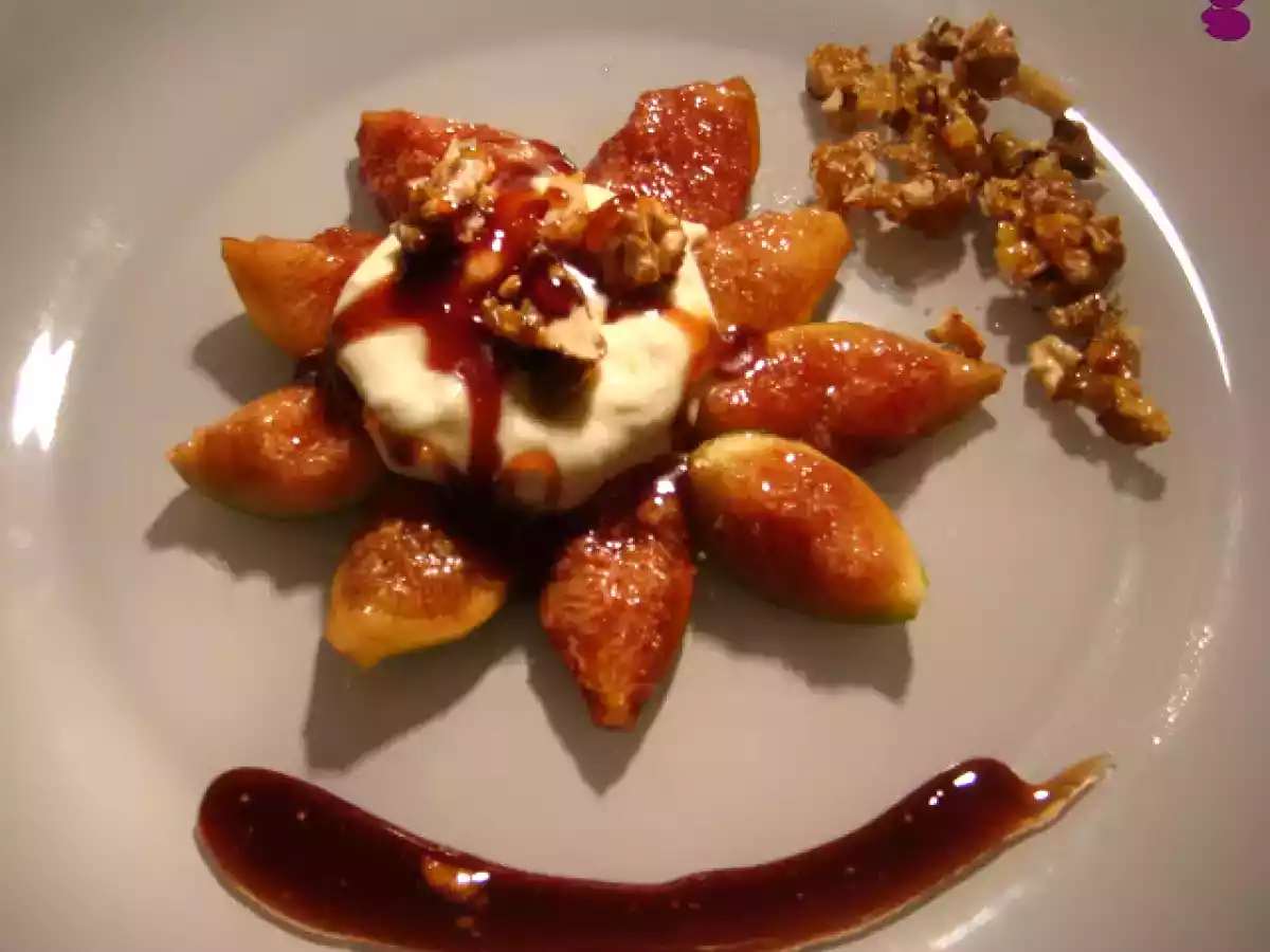 Figos com creme de limão, nozes caramelizadas e calda de vinho do Porto