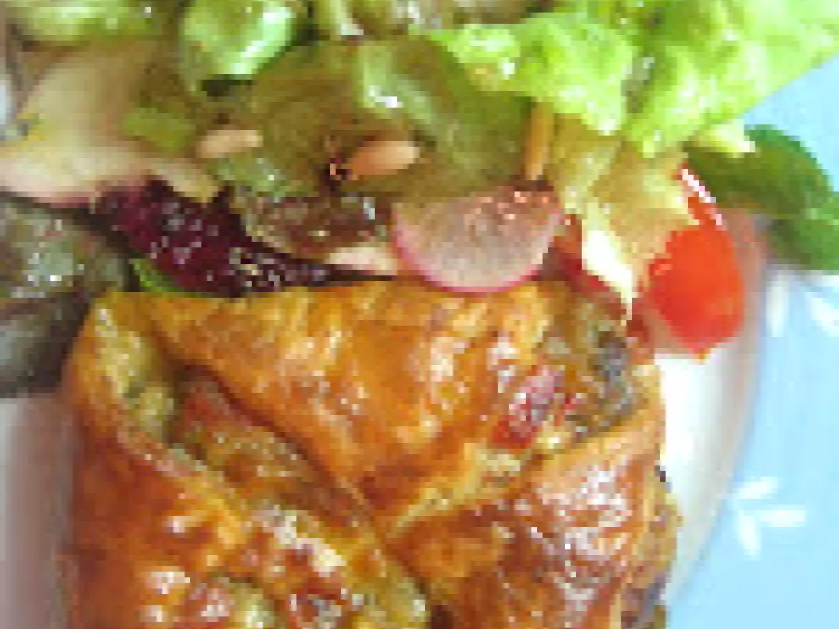 Folhados de legumes com salada de alfaces, maçã e mel